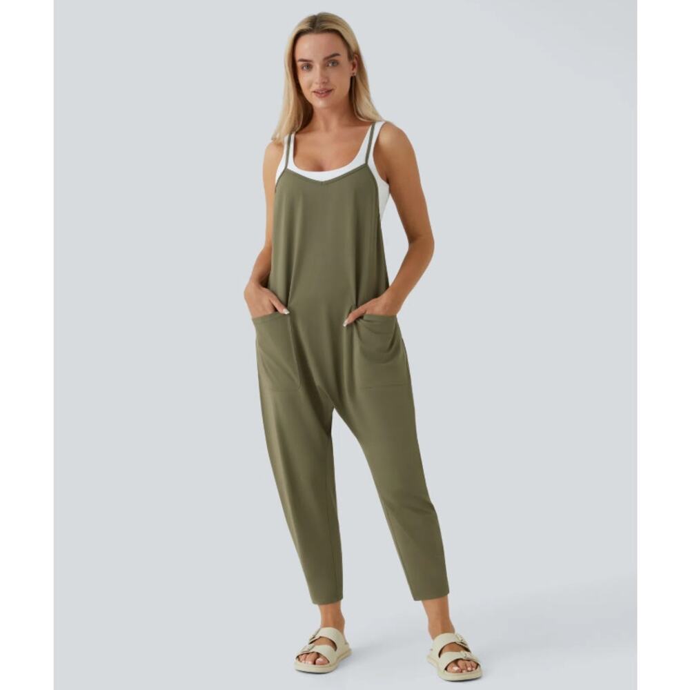 HALARA Olive Green and White Relaxed Jumpsuit Romper